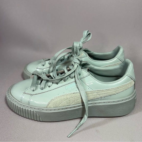 Puma Shoes - Puma Basket Mint Green Patent Leather Platform Sneakers